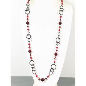 Premier Designs Very Berry Necklace Gunmetal Hammered Red Bead Long‎ Boho 38"